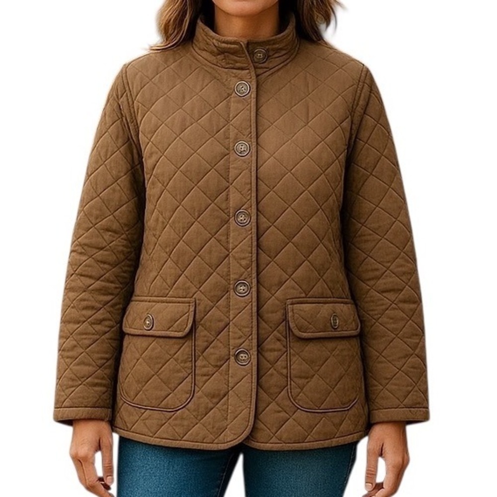 Lands' End Thermolite Reversible Barn Quilted Jacket Brown Floral Print‎ Size L
